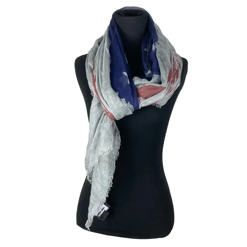 nwot YIGAL AZROUEL Scarf 72”x53”ITALY Cashmere Graphic Flag-USA Logo Fringe-Hem